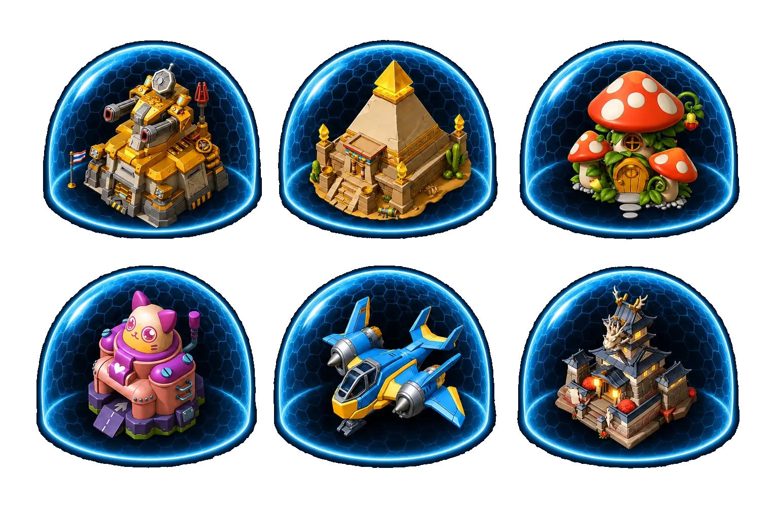 Six PiG bases protected by glowing blue shield domes